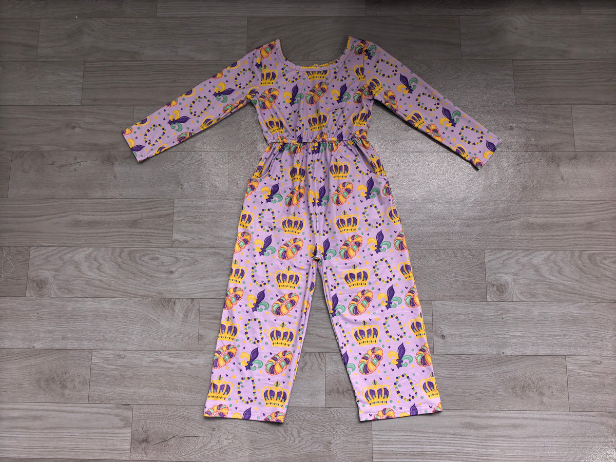 Long sleeves crown donut girls Mardi Gras jumpsuit