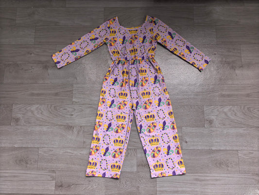 Long sleeves crown donut girls Mardi Gras jumpsuit