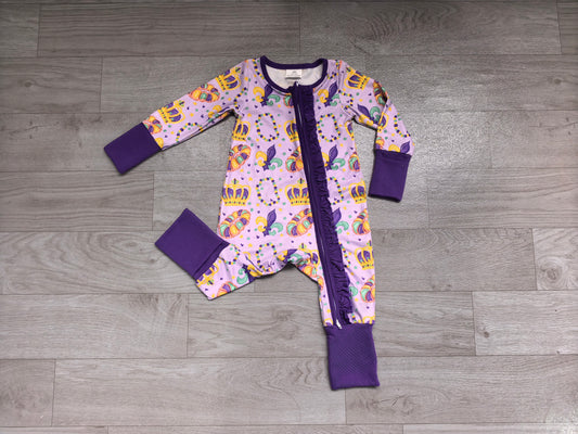 Purple ruffle crown donut girls Mardi Gras zipper romper