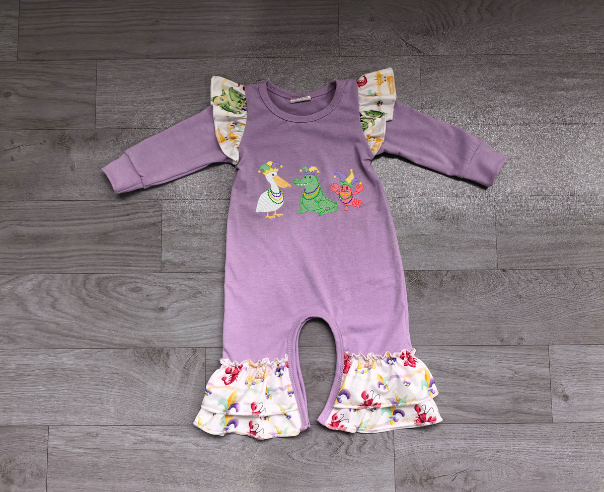 Pelican crocodile crawfish embroidery girls Mardi Gras romper