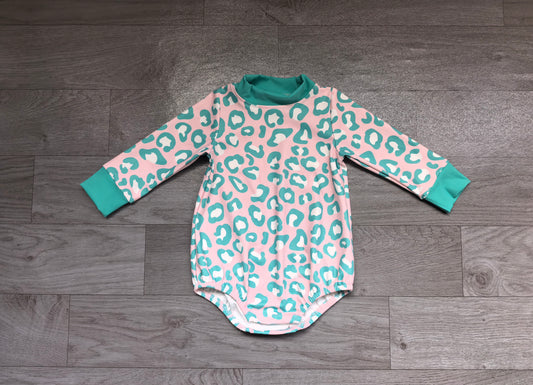 Mint leopard camo baby boy active mock neck romper