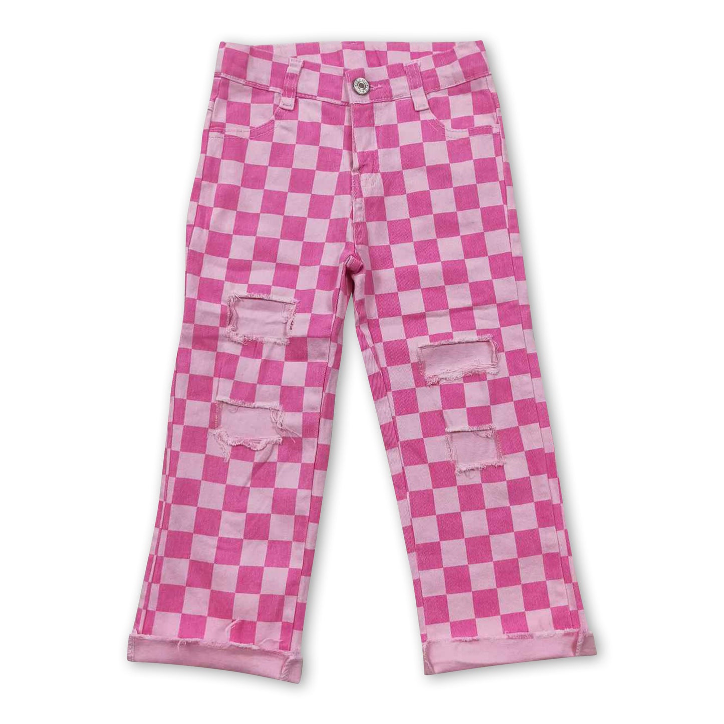 Pink checked hole baby girls jeans