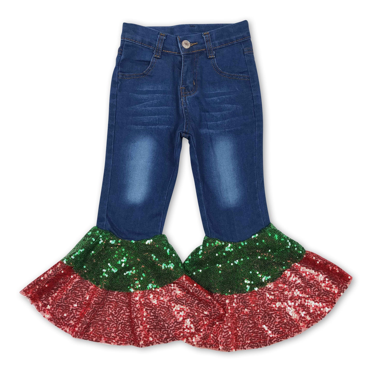 Green red sequin bell bottom denim pants girls Christmas jeans