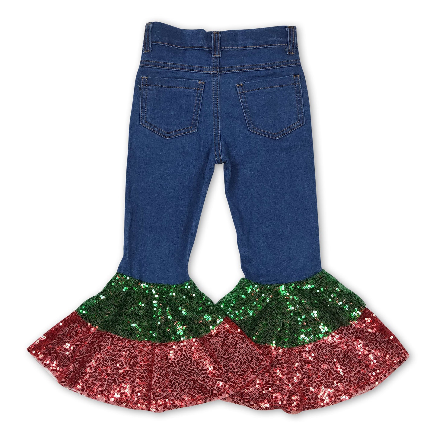 Green red sequin bell bottom denim pants girls Christmas jeans