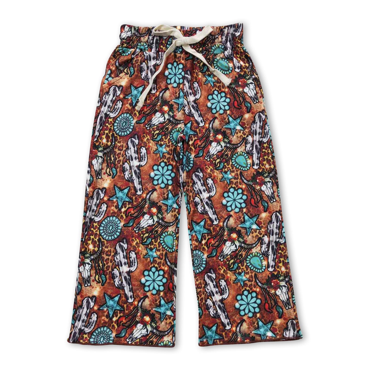 Turquoise cactus bull skull western kids girls pants