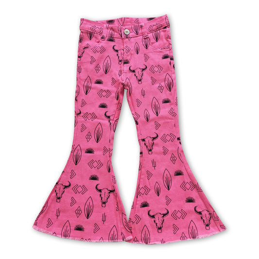 Hot pink bull skull cactus denim pants girls western jeans