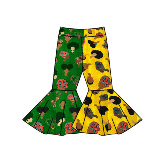 Green yellow black history girls bell bottom pants