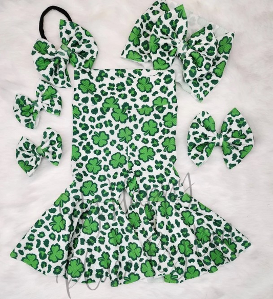 Green clover leopard girls st patrick's day bell bottom pants