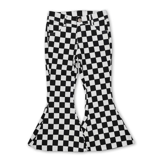 Black plaid denim pants girls bell bottom jeans
