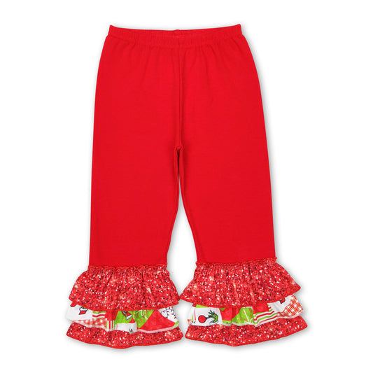 Red triple ruffle green face baby girls Christmas pants