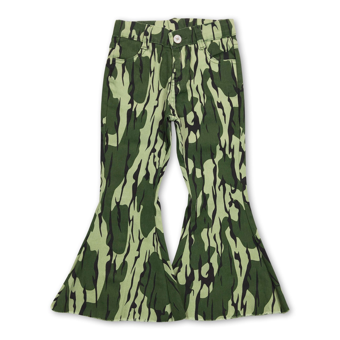 Olive camo denim pants girls bell bottom jeans