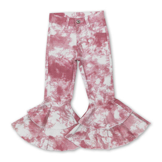 Pink tie dye ruffle bell bottom pants girls jeans