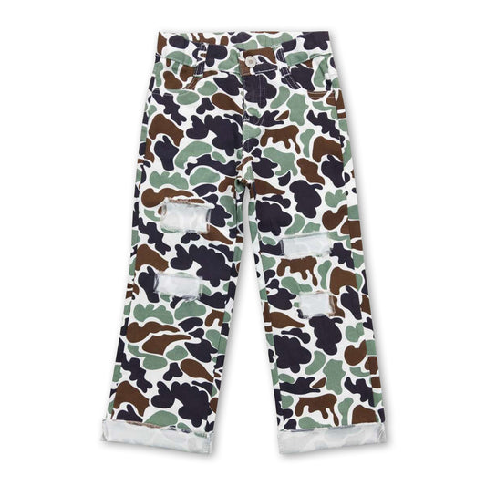 Green camo hole denim pants kids boys hunting jeans