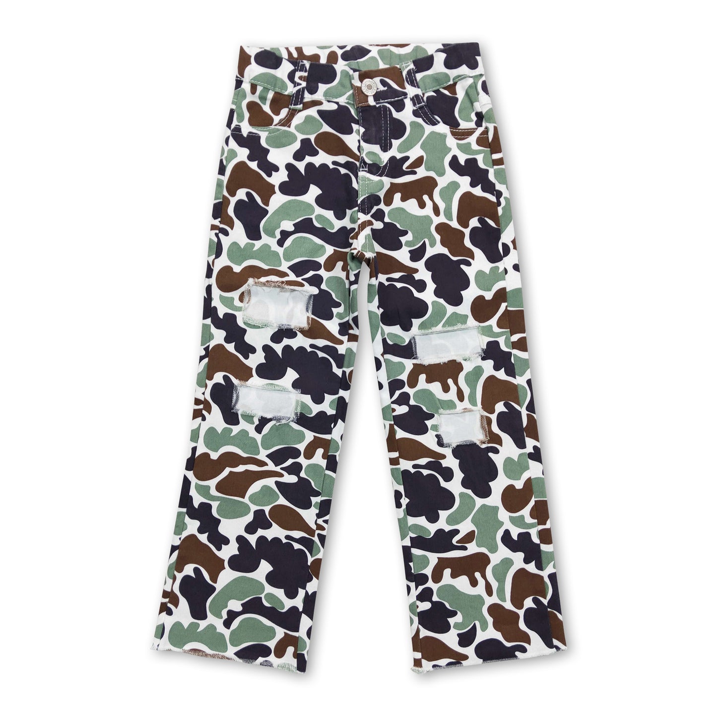 Green camo hole denim pants kids boys hunting jeans