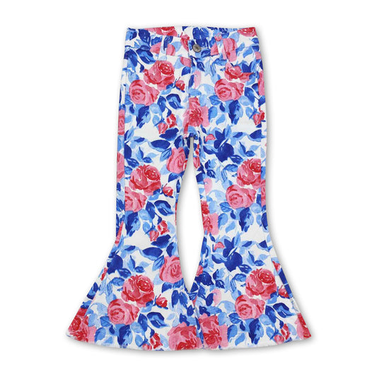 Blue floral flare jeans girls spring denim pants