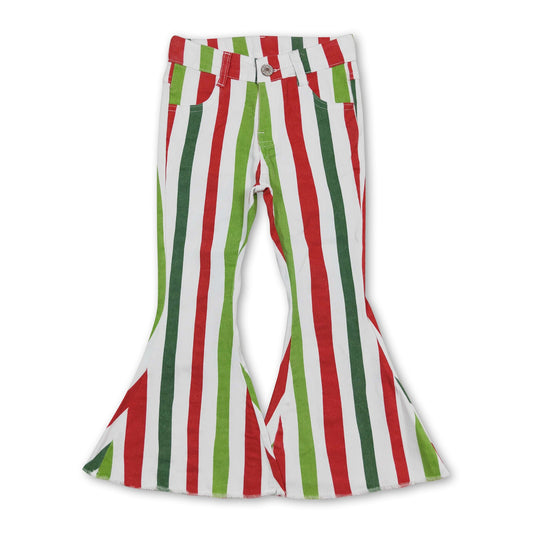 Red green stripe flare jeans girls Christmas denim pants