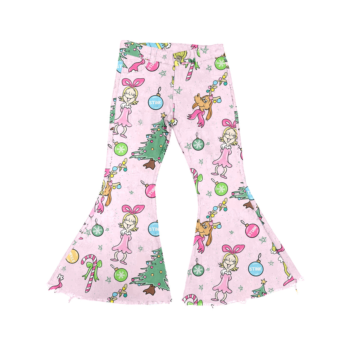 Pink jingle bell green face kids girls Christmas jeans