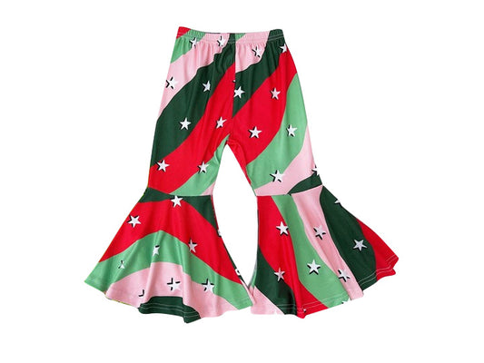 Red green stars kids girls Christmas bell bottom pants