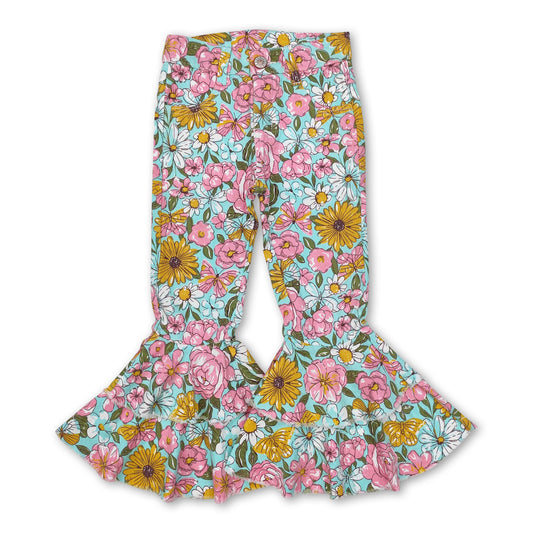 Pink floral butterfly kids girls ruffle jeans