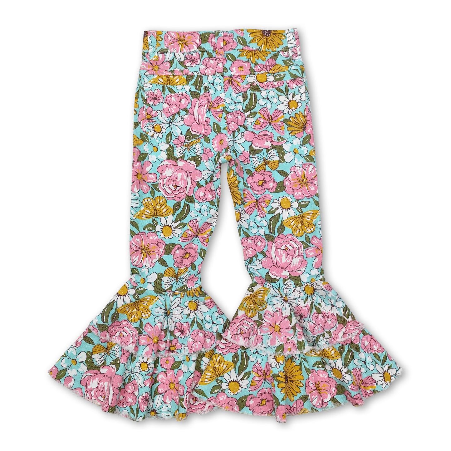 Pink floral butterfly kids girls ruffle jeans