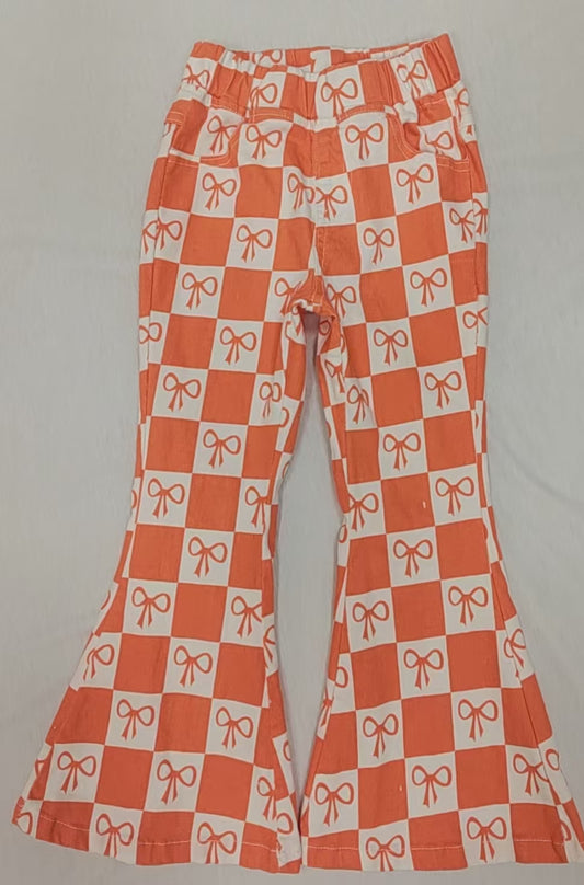 Orange plaid bow denim pants kids girls jeans
