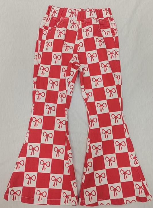 Red plaid bow denim pants kids girls jeans
