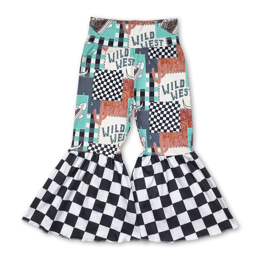 Wild west bull skull plaid western girls bell bottom pants