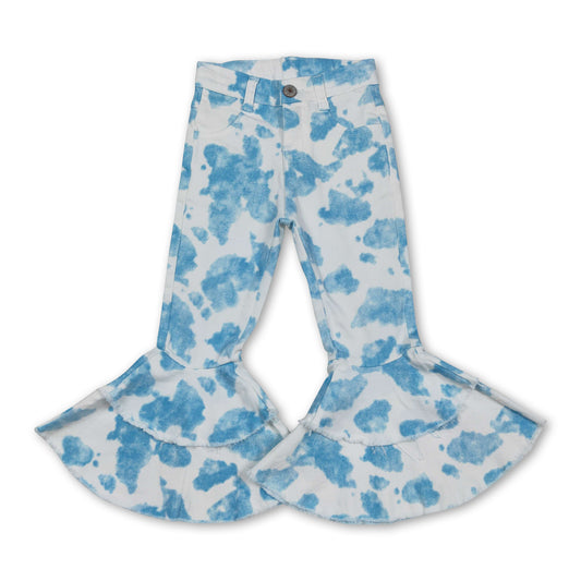 Light blue cow print kids girls ruffle jeans
