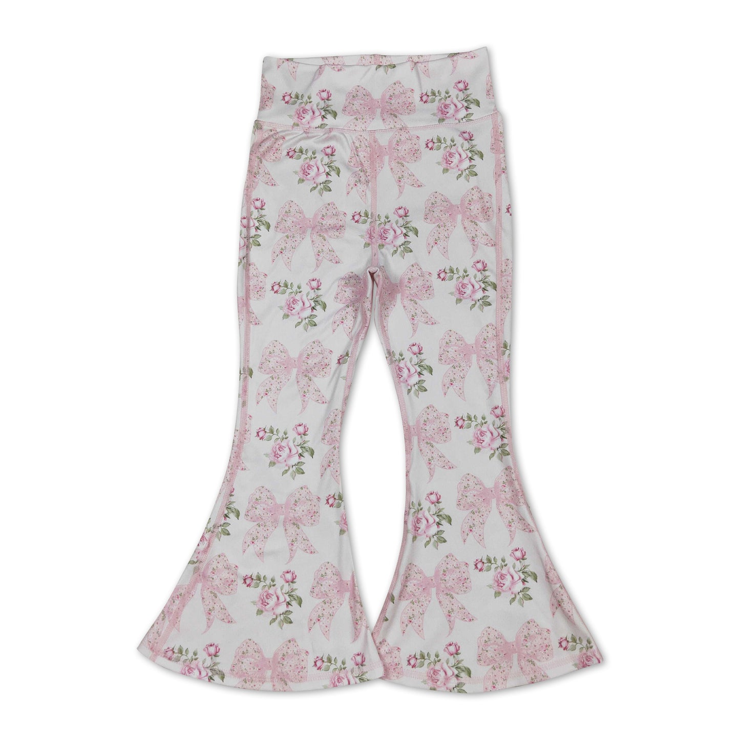 Light pink bow floral baby girls yoga bell bottom pants