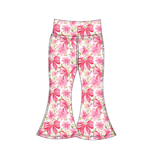 Pink floral bow kids girls bell bottom yoga pants