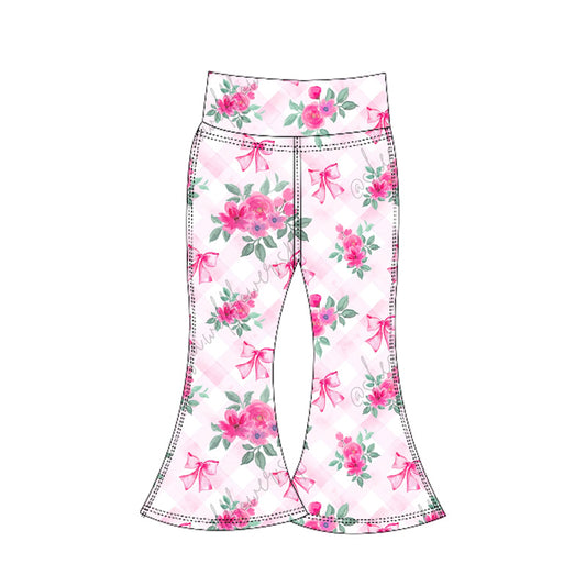 Plaid pink floral bow kids girls bell bottom yoga pants