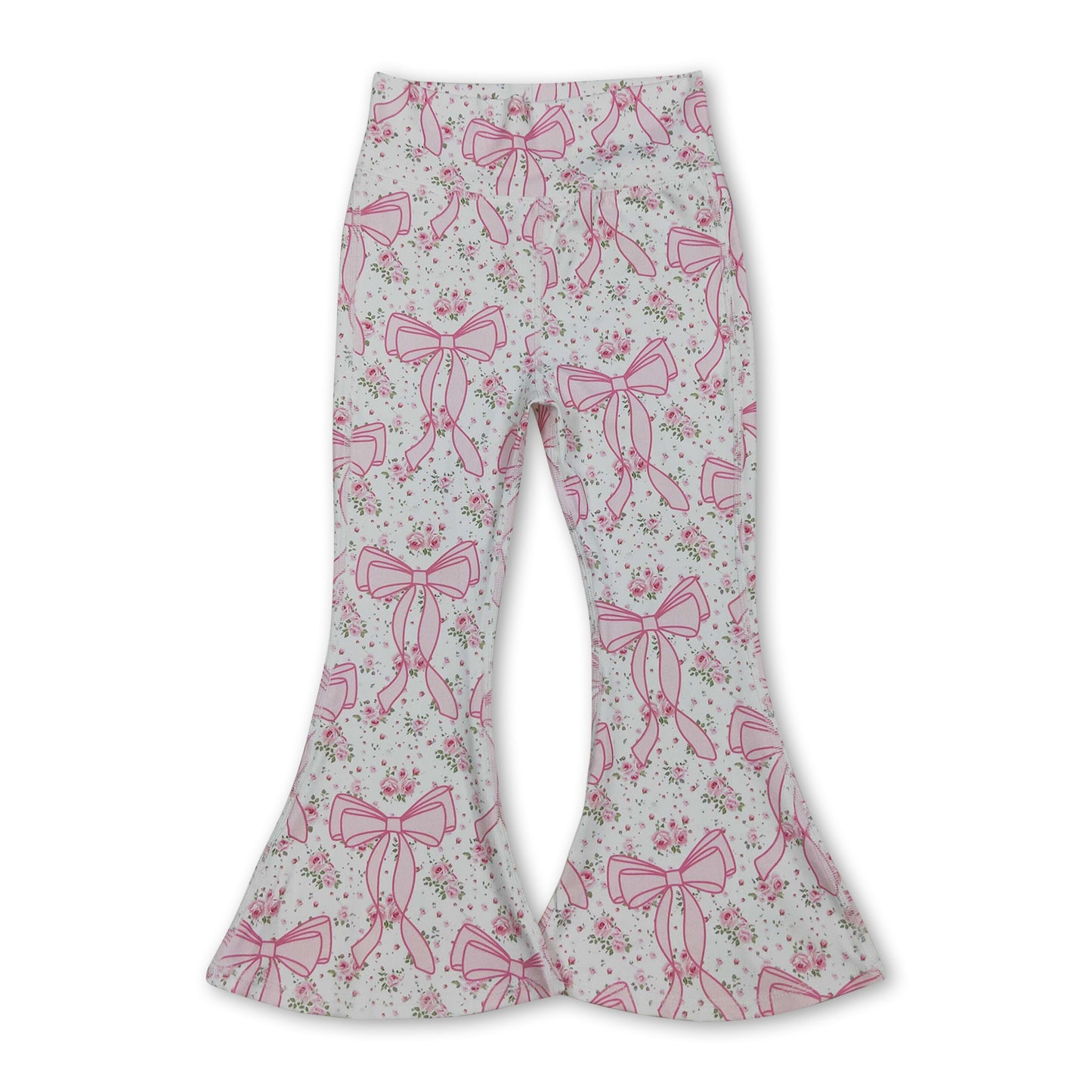 Pink floral bow baby girls bell bottom yoga pants