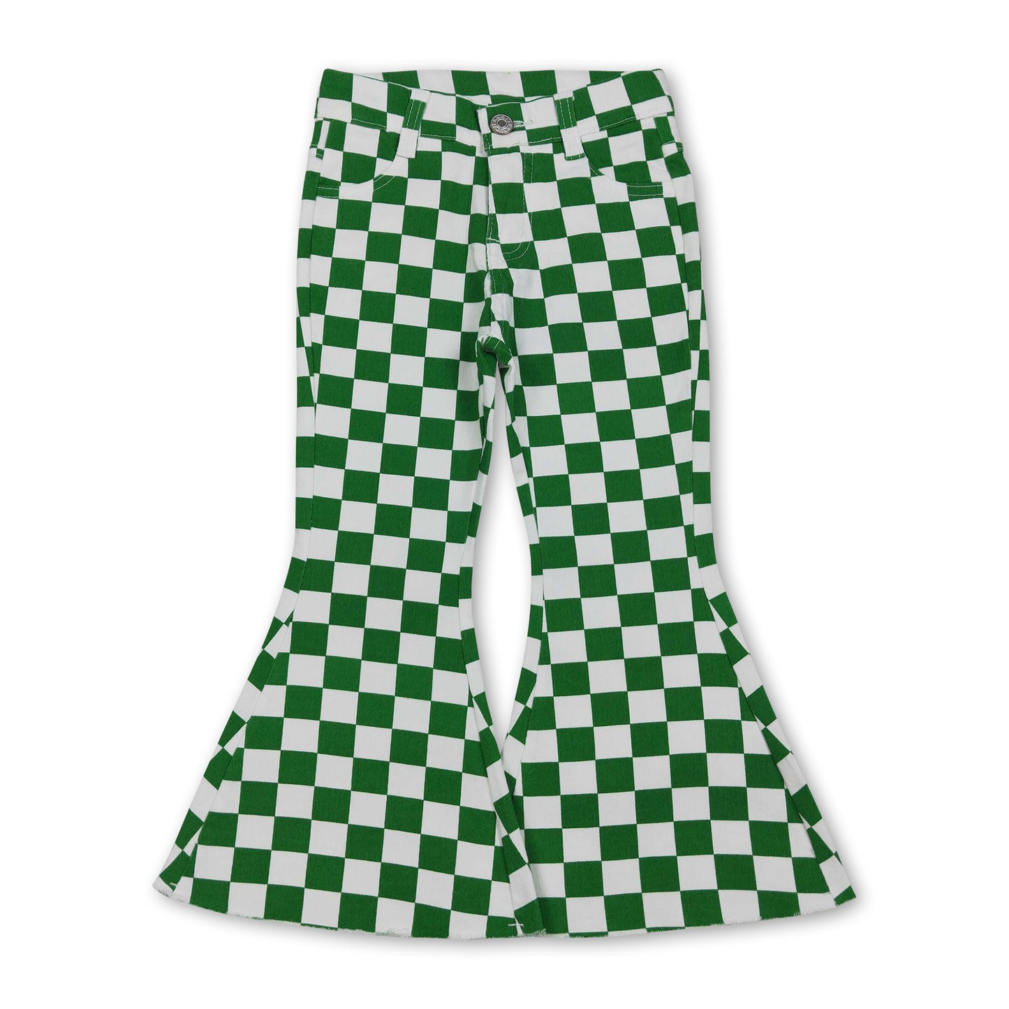 Green plaid adjustable waistband kids girls jeans