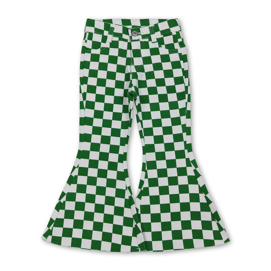 Green plaid adjustable waistband kids girls jeans