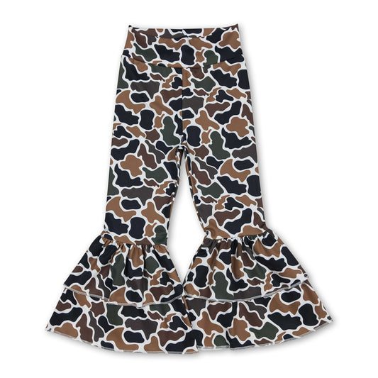 Brown camo kids girls yoga ruffle bell bottom pants