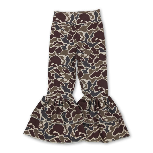 Brown camo double ruffle kids girls active yoga pants