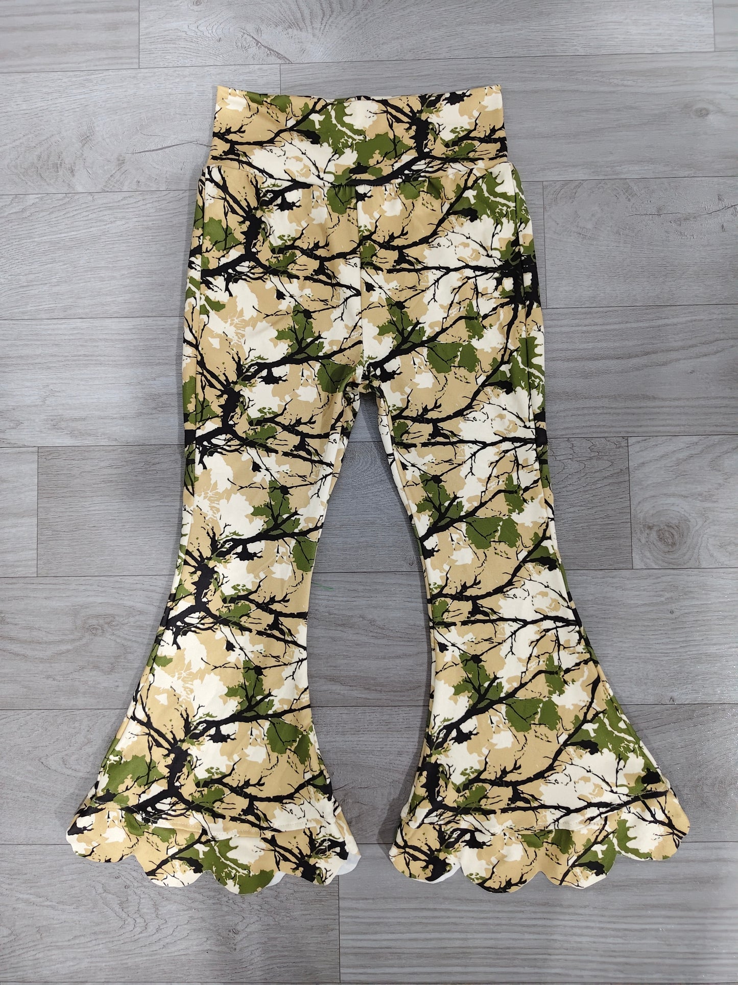 Green camo kids girls scallop bell bottom pants