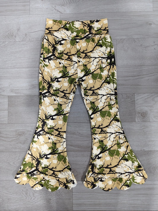 Green camo kids girls scallop bell bottom pants