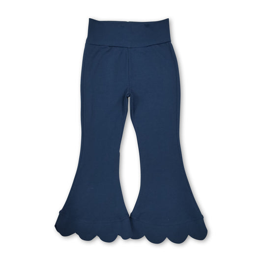 High waist navy cotton scallop kids girls flare pants