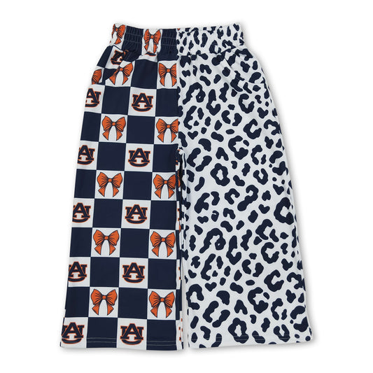 A U navy bow plaid leopard kids girls team pants