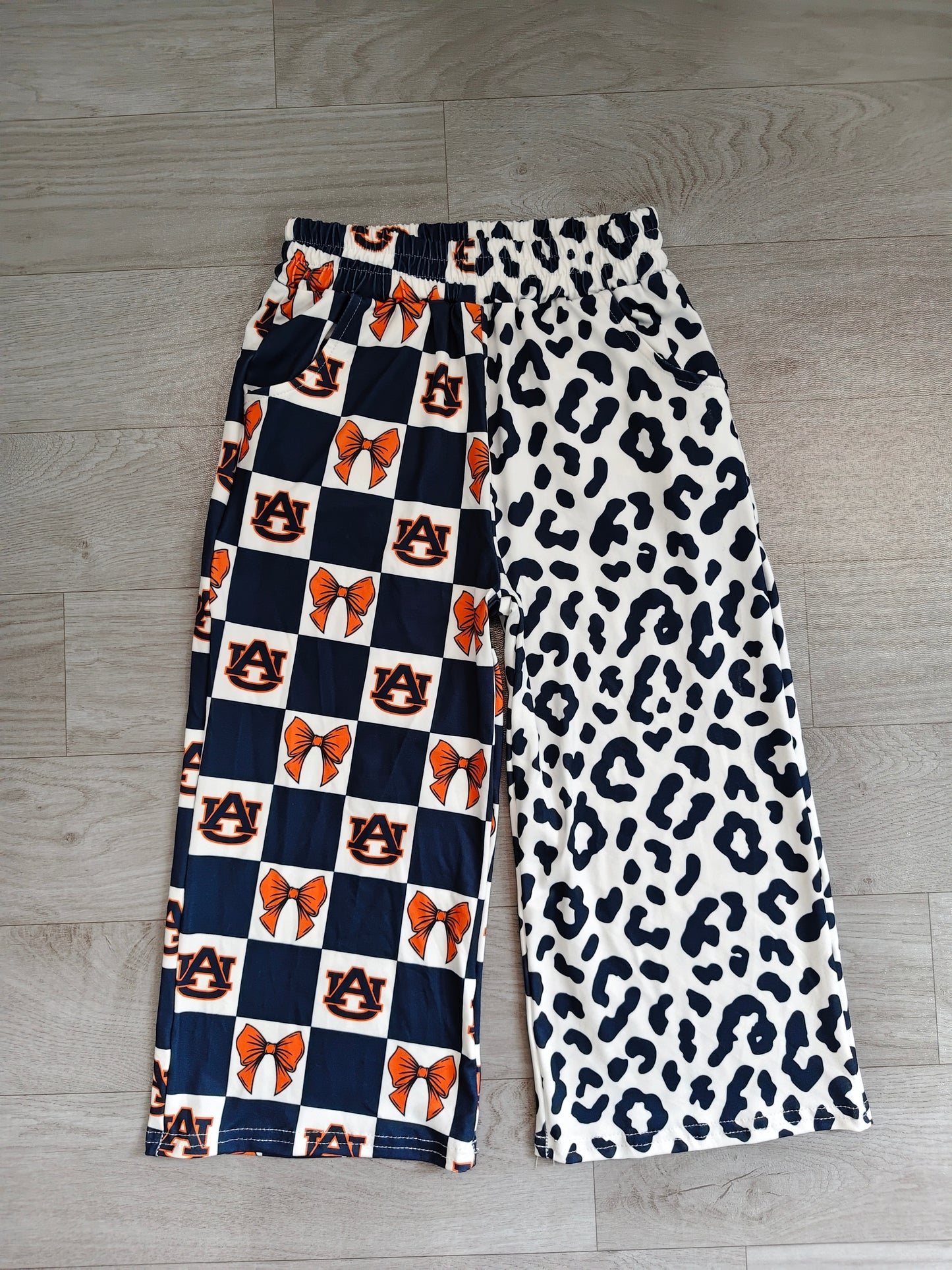 A U navy bow plaid leopard kids girls team pants