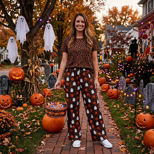 Leopard ghost pumpkin adult women Halloween pants