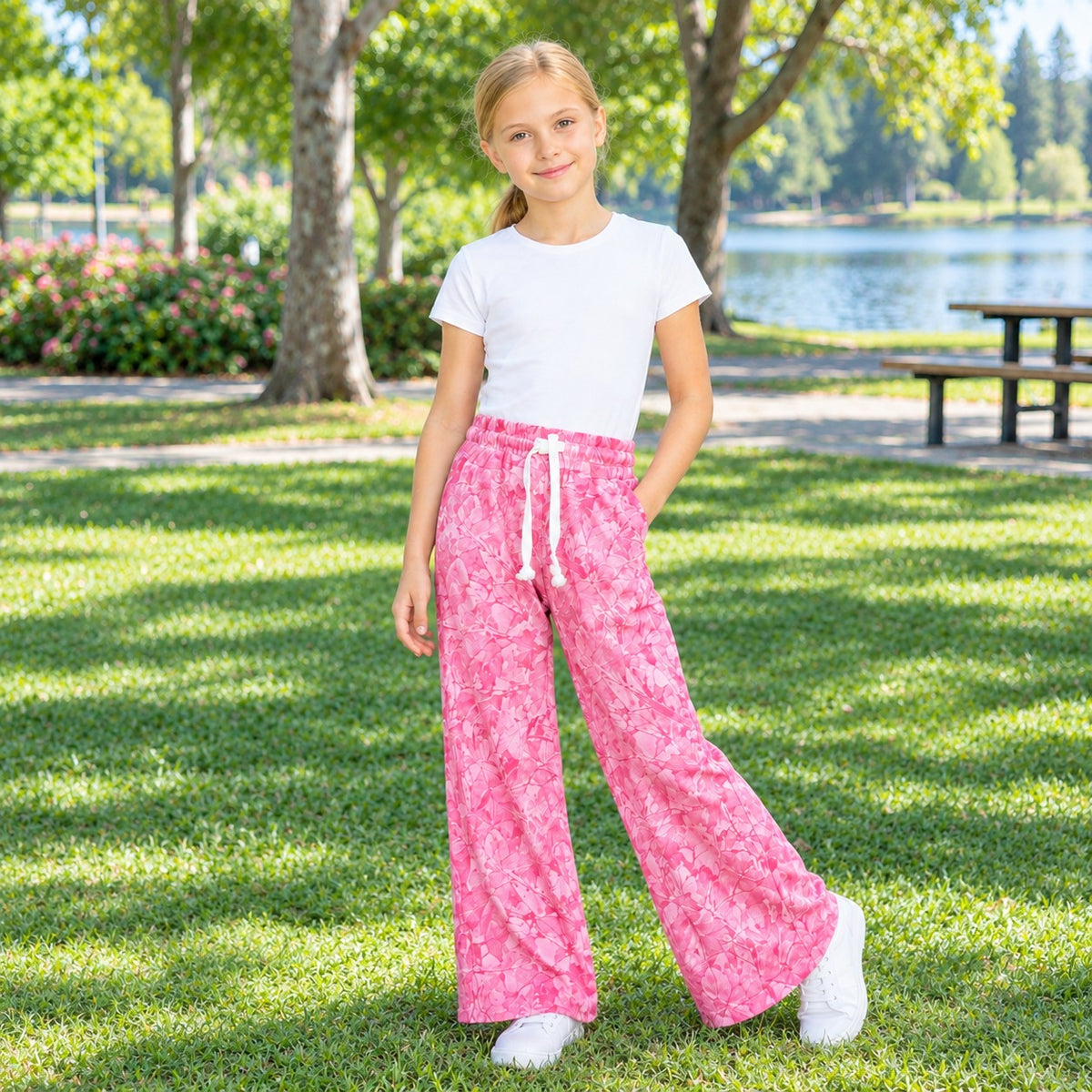 Pink leaves camo kids girls fall pants