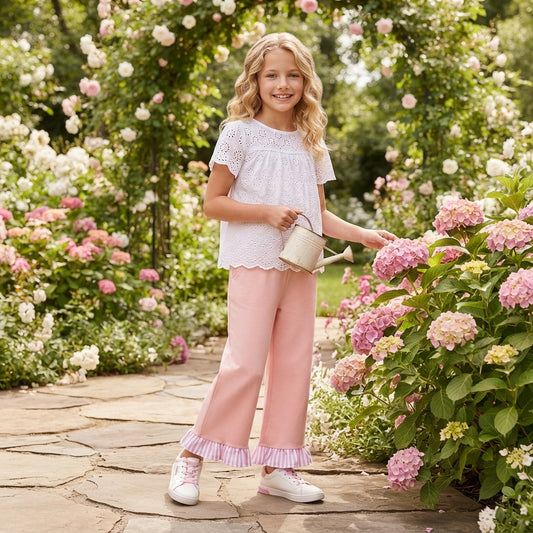 Pink stripe ruffle cotton pockets kids girls pants