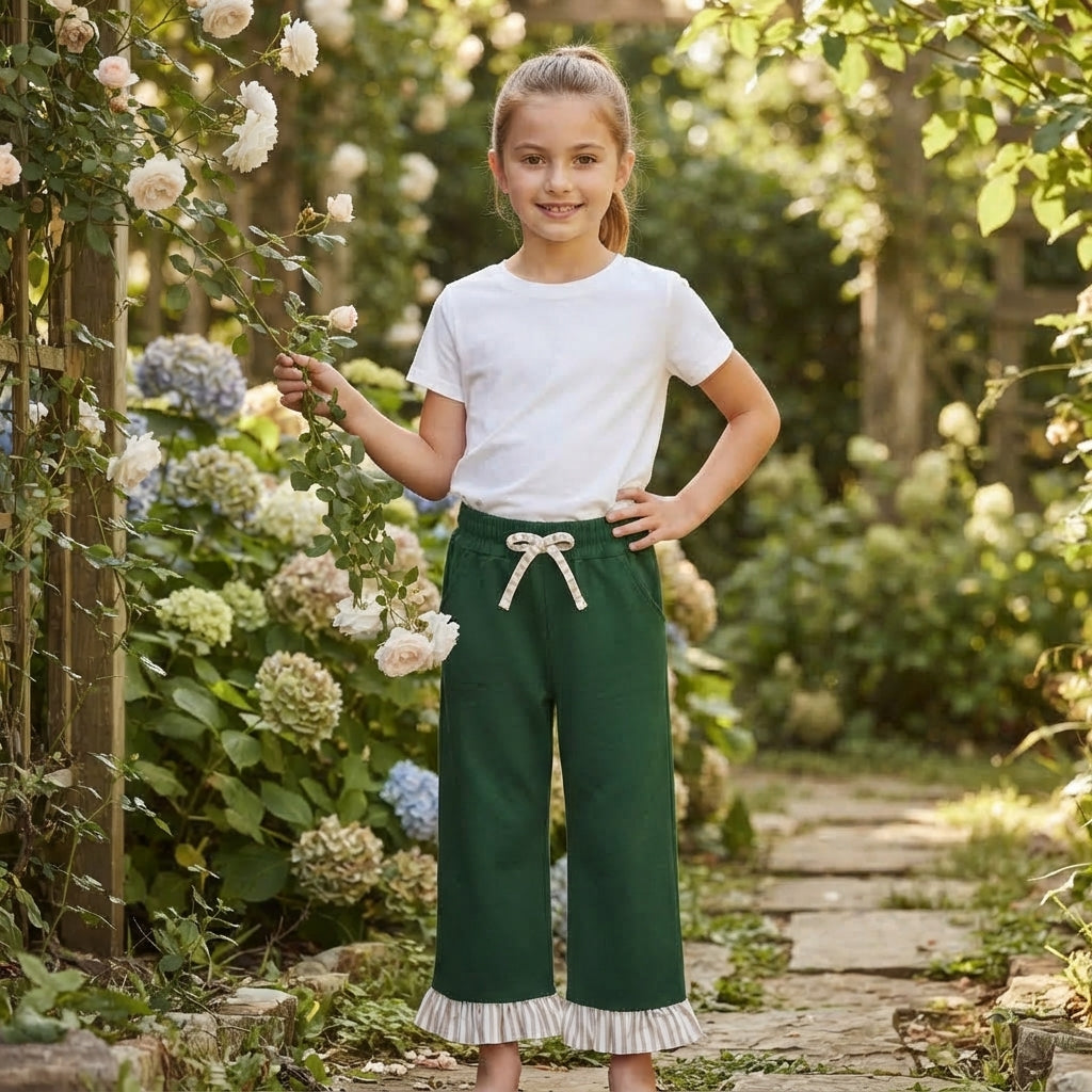 Green cotton khaki stripe ruffle kids girls pants