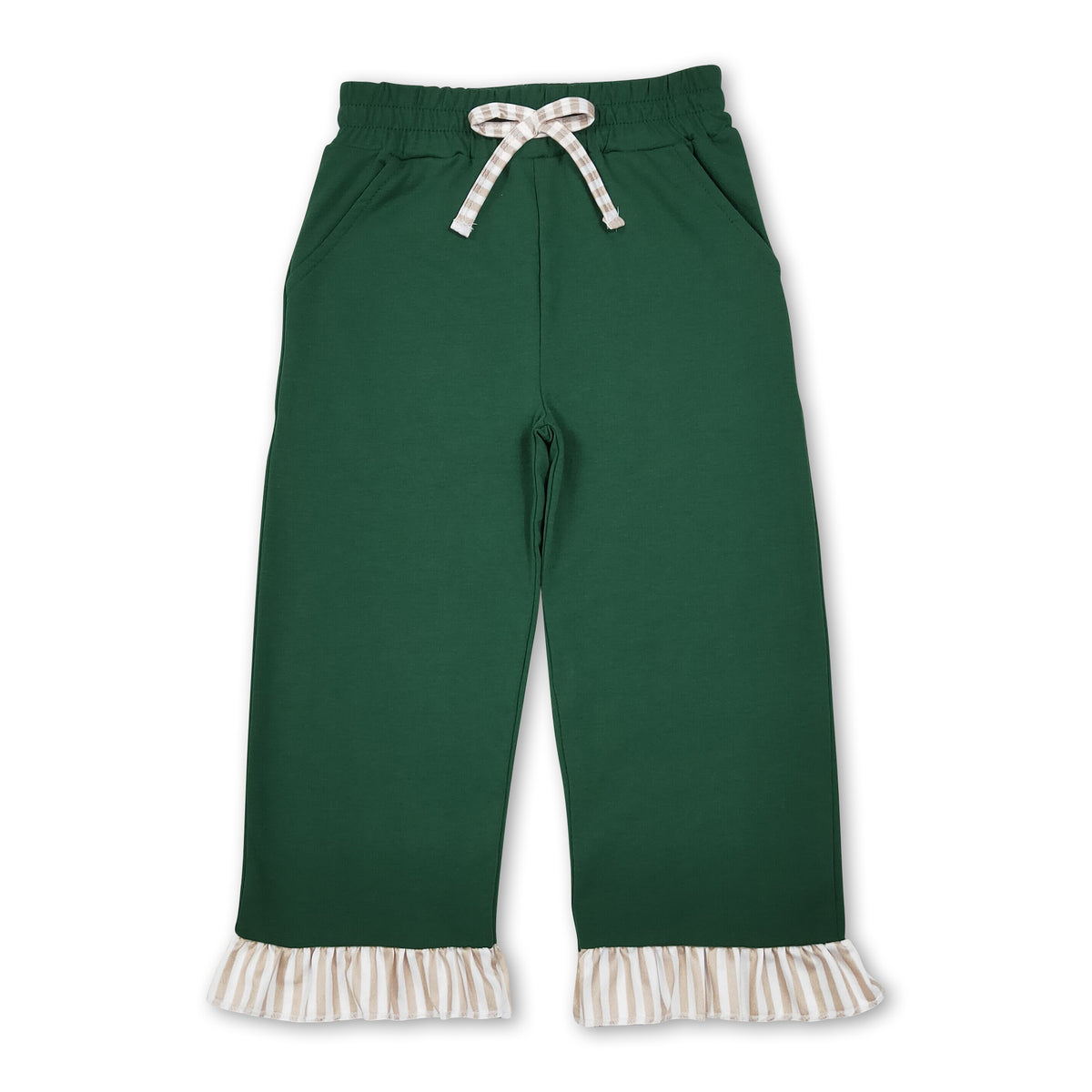 Green cotton khaki stripe ruffle kids girls pants
