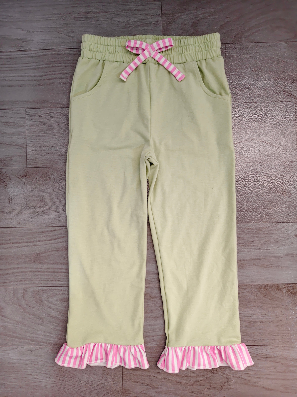 Solid cotton pink stripe ruffle kids girls pants