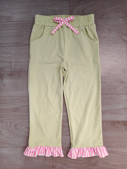 Solid cotton pink stripe ruffle kids girls pants