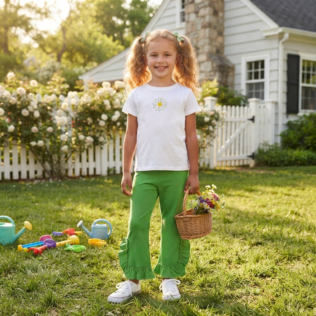 Green ruffle cotton kids girls pants