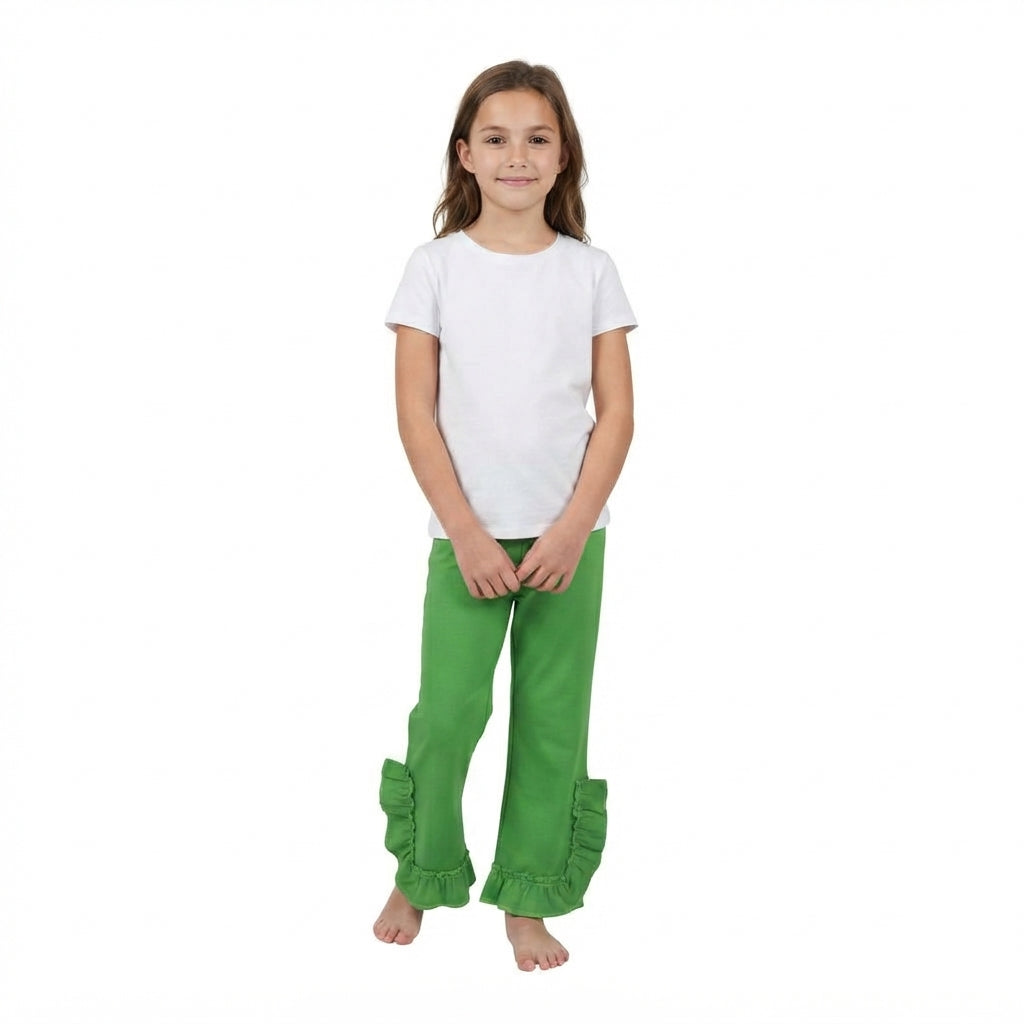 Green ruffle cotton kids girls pants